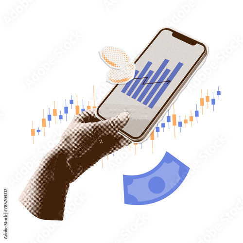 Trendy Halftone Collage Hand holding Phone with candlesticks and Floating Coins. Stock Investing concept. Financial planning. Save money. Earn and pay. Paper torn out design. Vector design