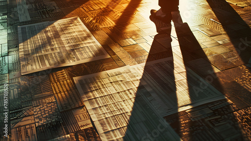 A persons shadow cast over a complex financial spreadsheet on the floor symbolizing the oversight and analysis required in financial management. photo