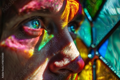 Close-up of a person's tearful eyes gazing at a colorful painting, illuminated by soft light, reflecting on the pain of divorce. Warm hues offer solace amidst sorrow 03