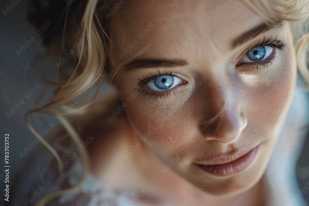 Close-up of a blue-eyed blonde bride's serene expression as she takes a moment of quiet reflection before the ceremony, the soft light accentuating her bridal glow and inner peace 01