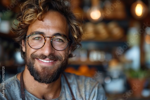 A beaming smile from a man wearing glasses radiates happiness and relaxation in an ambient cafe setting, evoking a vibe of casual comfort