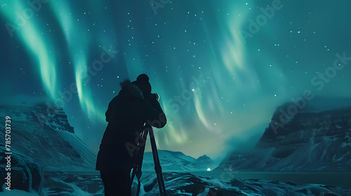 A photographer in the Arctic capturing the Northern Lights with a time-lapse camera. photo