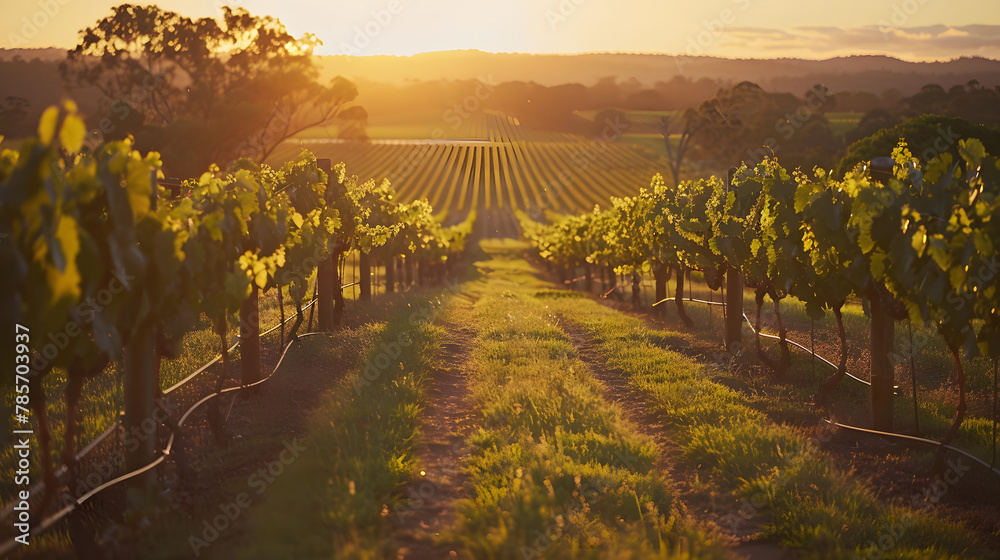 Fototapeta premium A picturesque vineyard at sunset with rows of grapevines stretching towards the horizon.