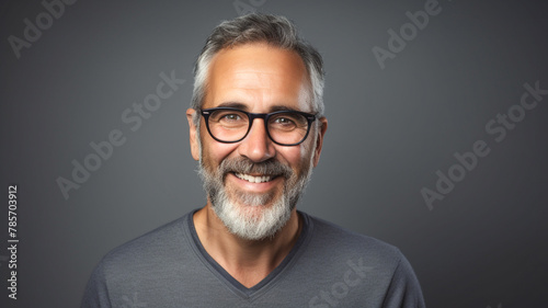 Portrait of happy mature man wearing spectacles and looking at camera indoor. Man with beard and glasses feeling confident posing against a grey background.

 photo
