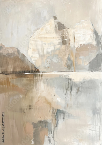 Contemporary painting, mountain landscape, abstract art in a calm beige and white color palette. A painting for the wall. Vertical image. photo