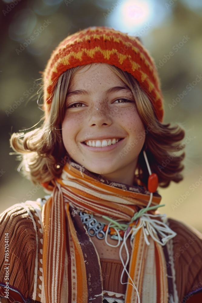 A smiling teenager girl in retro '70s clothing 01