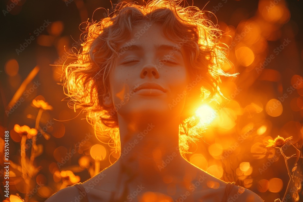 A golden-hour moment where a woman basks in the sunlight among flowers A golden-hour moment where a woman basks in the sunlight among flowers