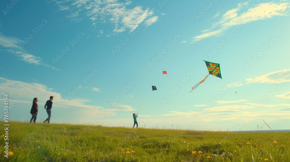 Fototapeta premium A group of people are flying kites in a grassy field under the azure sky with fluffy cumulus clouds floating in the atmosphere. AIG41