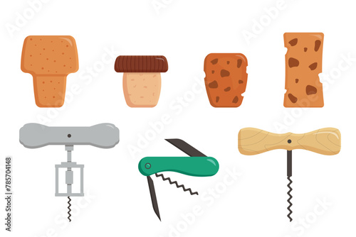 Set of corks and corkscrews in cartoon style.Vector illustration of wooden corks from bottles with alcoholic beverages and corkscrews, openers:screw, butterfly, folding isolated on a white background.