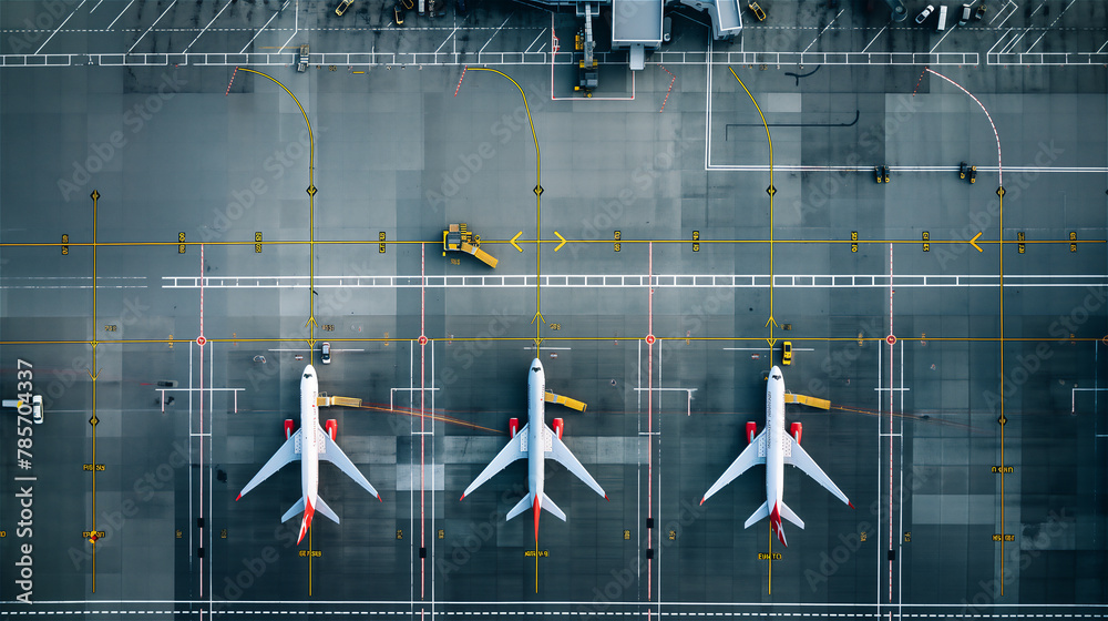 An overhead view of many large passenger planes stuck on the tarmac of a large international airport