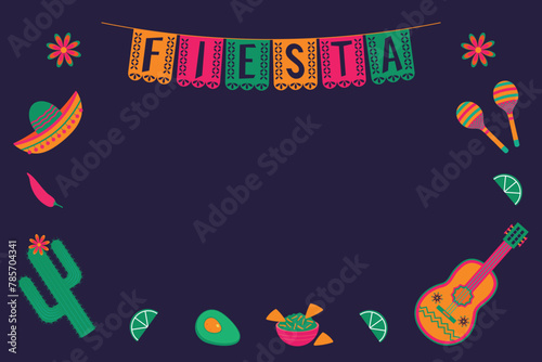 Mexican fiesta - background, banner design with flags, flowers, cacti, guitar, maracas, sambrero, decorations. Vector illustration. photo