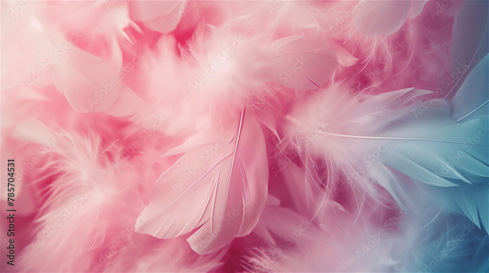 Soft and fluffy colored feathers, pink and blue tones background.