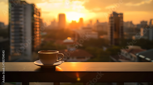 A quiet morning coffee on a balcony overlooking a bustling cityscape at sunrise.
