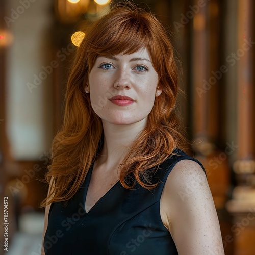 Close up of a young redhead woman resting in a cafe. Redhead woman looking confidently at camera. At an exhibition or in the theater.
