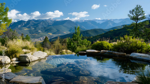 A relaxing spa retreat in a serene mountain setting with natural hot springs and a panoramic view of the peaks.