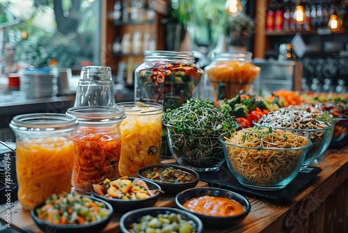 A vibrant buffet table offering a variety of fresh salads and pickled vegetables in a stylish setting