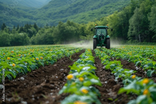 A green tractor cultivating vibrant sunflower fields with a backdrop of lush mountains on a clear day
