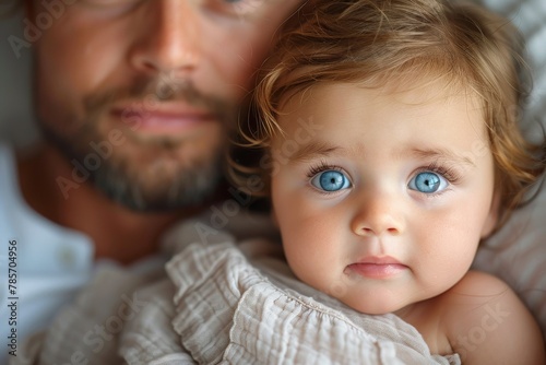 Close-up of a baby with striking blue eyes, cradled in a father's arms, conveying affection and bonding