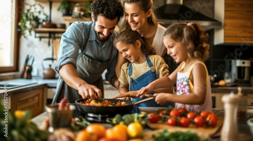 A family is happily cooking and bonding in the kitchen  sharing natural foods and ingredients  while enjoying leisure time together. AIG41
