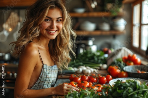 Bright image of a happy woman preparing a salad with fresh vegetables in a home kitchen © Larisa AI