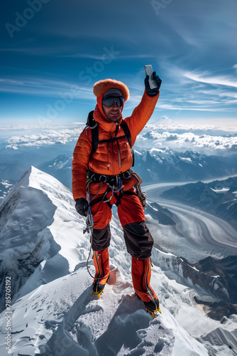 climber taking selfie on the mountain peak. High quality photo