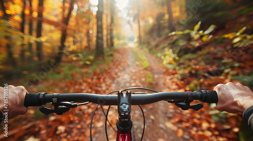 A scenic bicycle ride through a lush forest trail in early autumn.