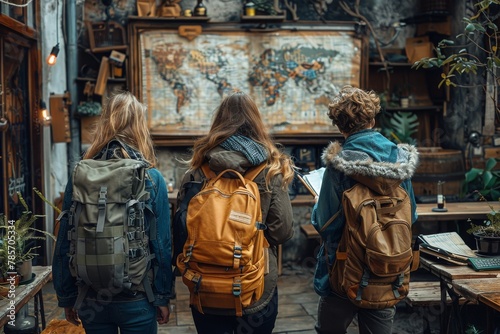 Group of young explorers with backpacks discussing a large vintage map in an antique shop setting photo