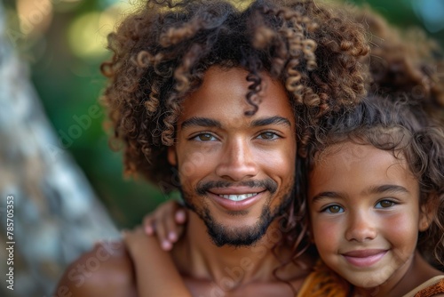 Cheerful man and child posing closely with matching curly locks, reflecting familial love and joy