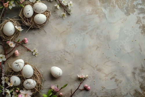 easter background with eggs, nest and blooming branches with copy space, top view