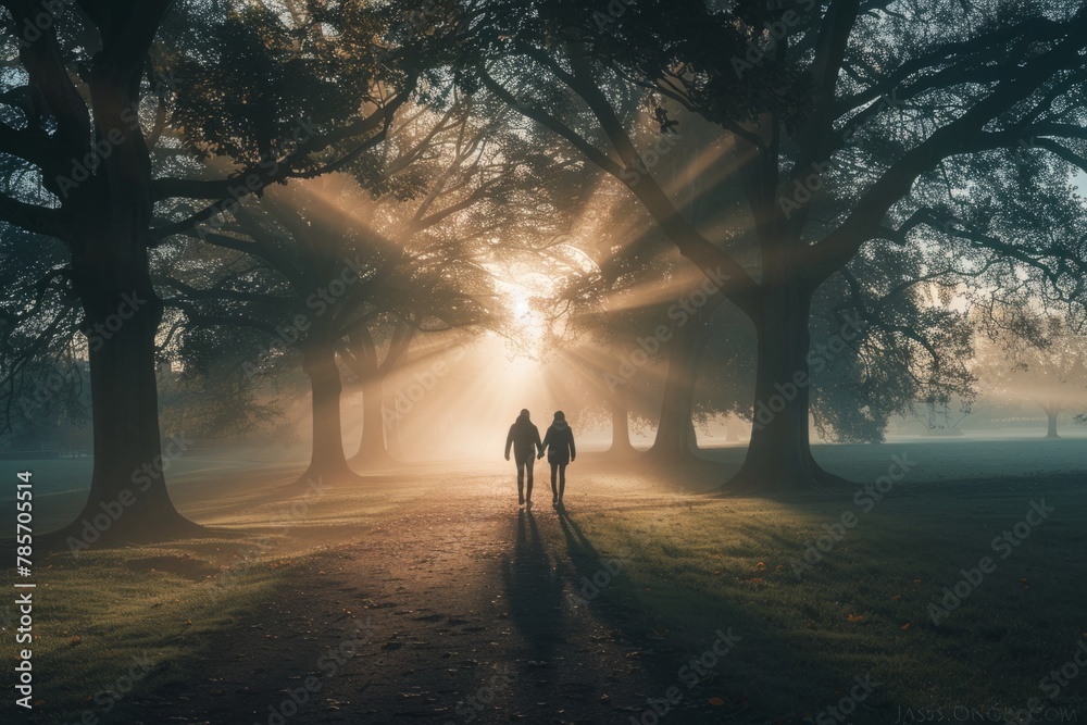 A serene park scene at dawn, with two people holding hands and walking towards the camera through misty trees Generative AI - obrazy, fototapety, plakaty 