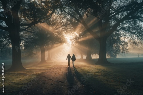 A serene park scene at dawn, with two people holding hands and walking towards the camera through misty trees Generative AI photo