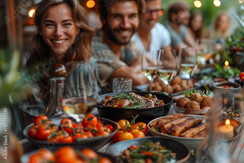 The image captures a joyful gathering of friends enjoying a meal, with a smiling woman in focus and delectable food adorning the table