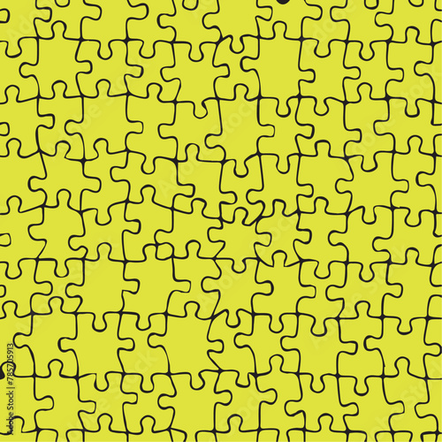 Seamless pattern of various Puzzle pieces vector illustration, complete puzzle design on yellow background for decor, paper and textile prints
