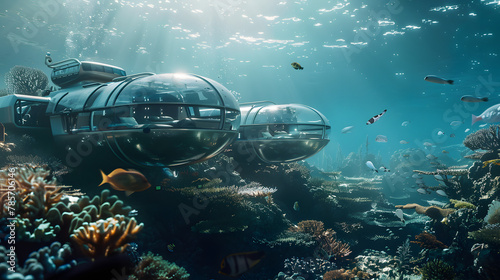 A self-sustaining underwater hotel with coral reef restoration projects and eco-friendly accommodations. © Finn