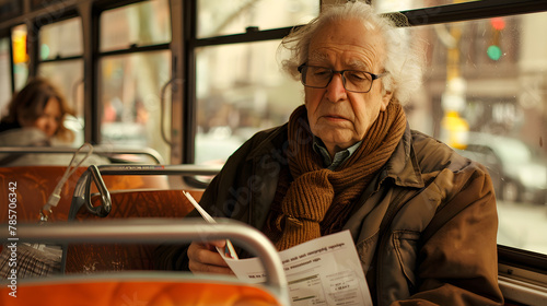 A senior citizen sitting on a bus holding a grocery list with only basic necessities.