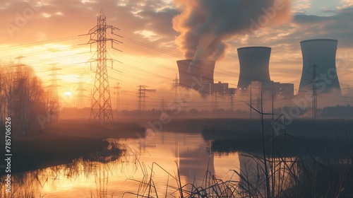 Energia nuclear, central nuclear ao pôr-do-sol.  photo