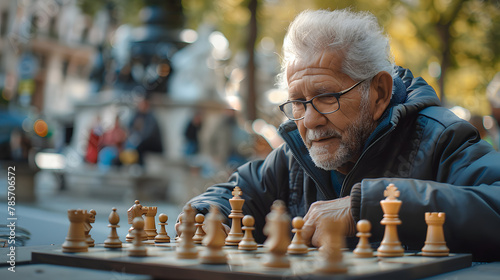 A senior playing chess in a public square engaging with community through strategy and friendship.