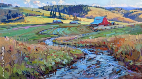 A large brush stroke depicting a farm with a red barn and a small stream running through the field. The sky is blue and the sun is shining on the hills.
