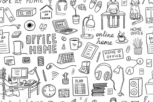 Seamless pattern of business elements. Working online on laptops, tablets. Self-employed man work in comfortable conditions. Hand drawn. Great for professional design. Doodle style