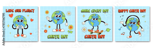 Earth day cards set. Earth groovy characters in trendy retro style