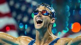 Olympic swimming athlete celebrating made with Ai generative technology, person is fictional