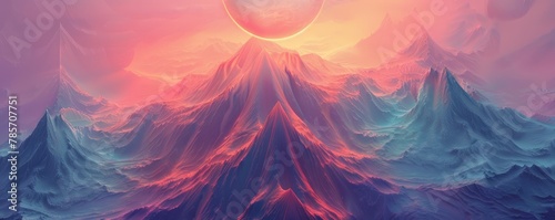 A captivating digital artwork depicting alien planet landscape towering mountains under vibrant pink sky with large planet,surreal scene evokes sense of wonder exploration,sci-fi,fantasy,space theme