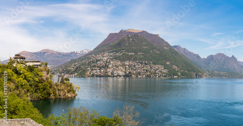 Landscape of Lake Lugano on a sunny spring day from Paradiso municipality of Lugano, canton of Ticino, Switzerland. photo
