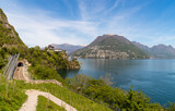 Landscape of Lake Lugano on a sunny spring day from Paradiso municipality of Lugano, canton of Ticino, Switzerland.