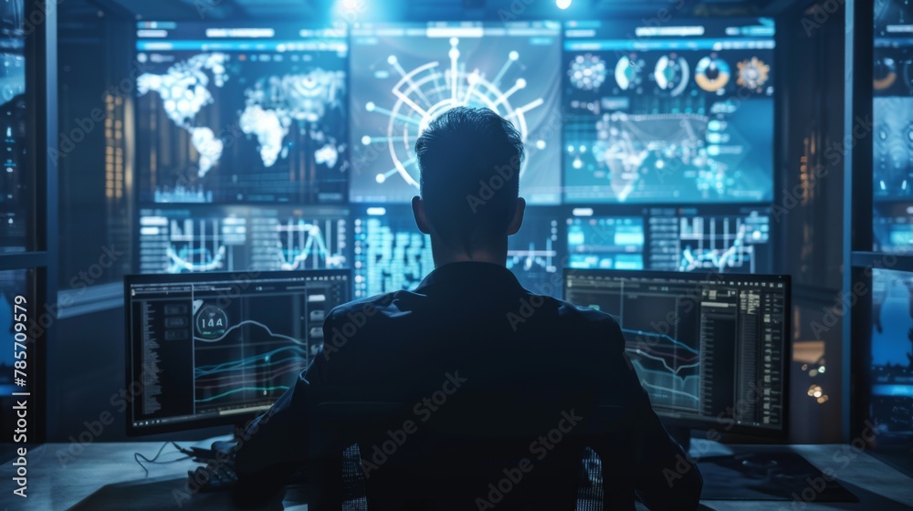 Analyst Monitoring Data on Multiple Screens at Night Analyst Monitoring Data on Multiple Screens at Night