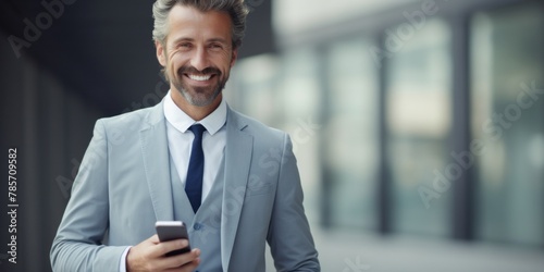 A successful smiling businessman in a suit stands against the background of a gray wall in the office. Generative AI.