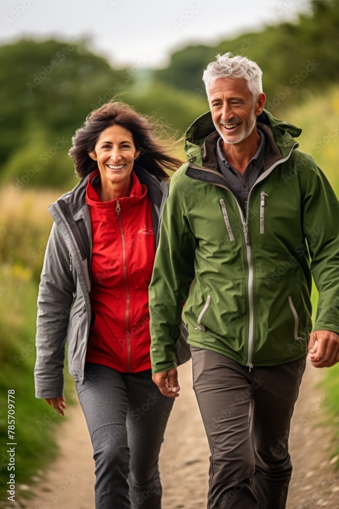 Fototapeta premium A couple of older tourists are walking near the cliff. Positive tourists. Generative AI.