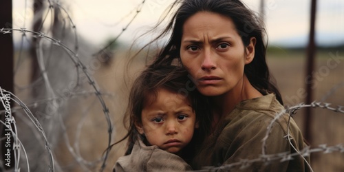 A refugee family at the border near a barbed wire barrier. Generative AI.