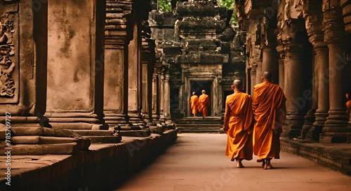 Monks in orange robes in a Hindu temple. photo