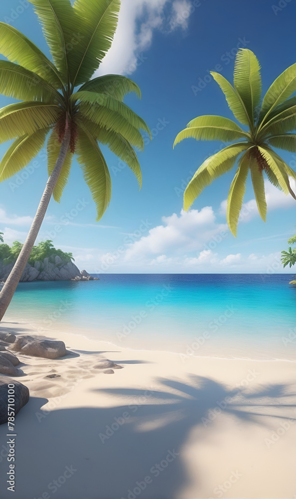 sandy shore, palm trees, a beach somewhere in the tropics.